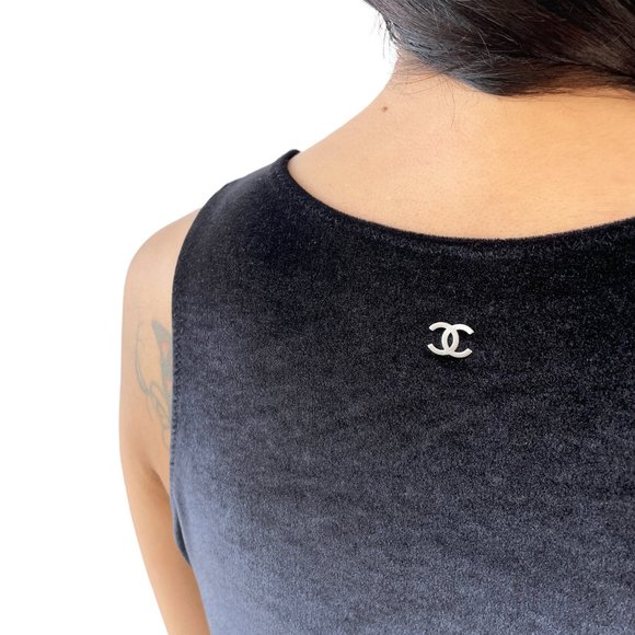 CHANEL Vintage CC Logo Velvet Long Dress Sleeveless Black Cotton [101427] - Picture 7 of 13